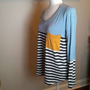 EUC Color Block Long Sleeve Shirt Pocket Detail